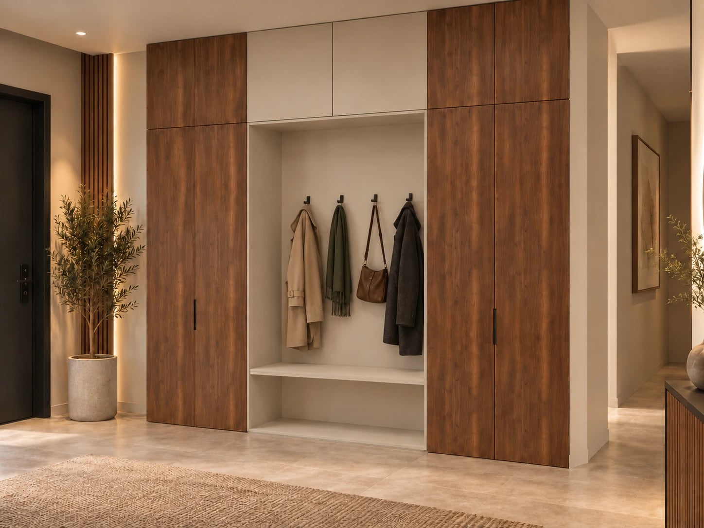 Шкаф распашной с древесными фасадами и светлой секцией